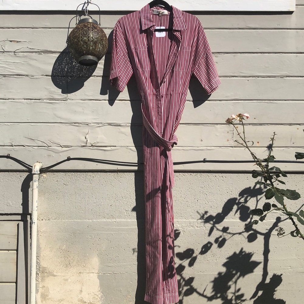 Diane Von Furstenberg Red & White Striped Belted Poplin Jumpsuit